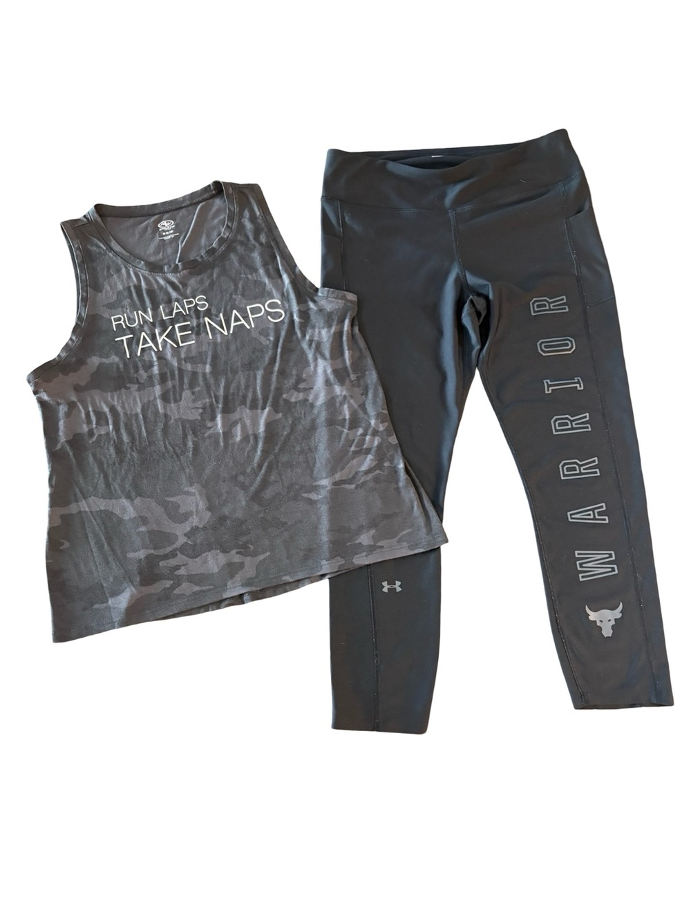 Camo 'Run Laps Take Naps' Tank & Black UA Warrior Leggings Set Size L